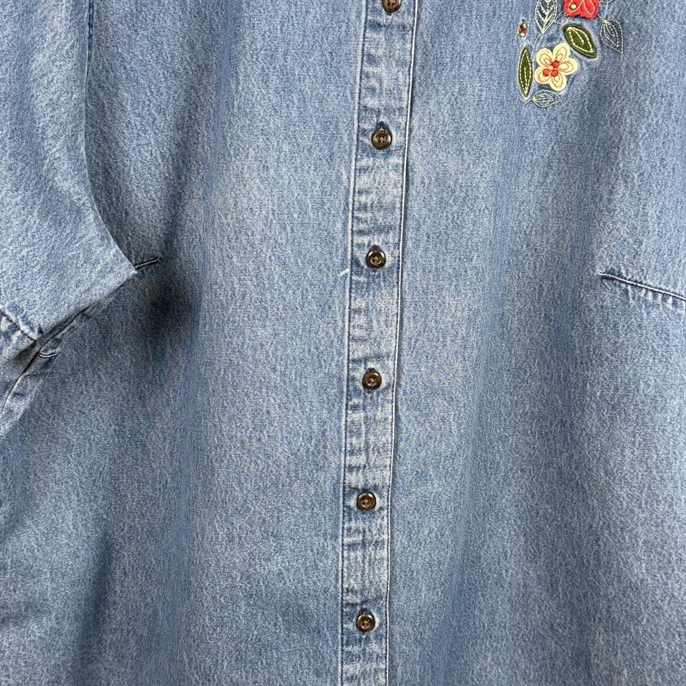 Y2K Denim Button Front Shirt 2X Blue Floral Embroidered Top Cottagecore - Picture 2 of 7